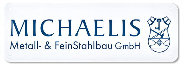 Logo Michaelis auf Metallplatte Logo Michaelis Metall- & Feinstahlbau GmbH auf einer Metallplatte